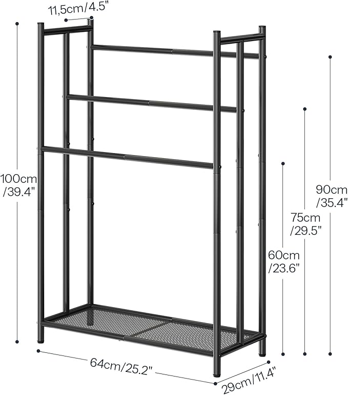 HOOBRO Free Standing Towel Rack for Bathroom, 25.2" L x 11.4" W x 39.4" H, 3-Tier Blanket Rack Stand with Bottom Mesh, Freestanding Quilt Stand with Adjustable Feet, Industrial Style, Black BK09LB01