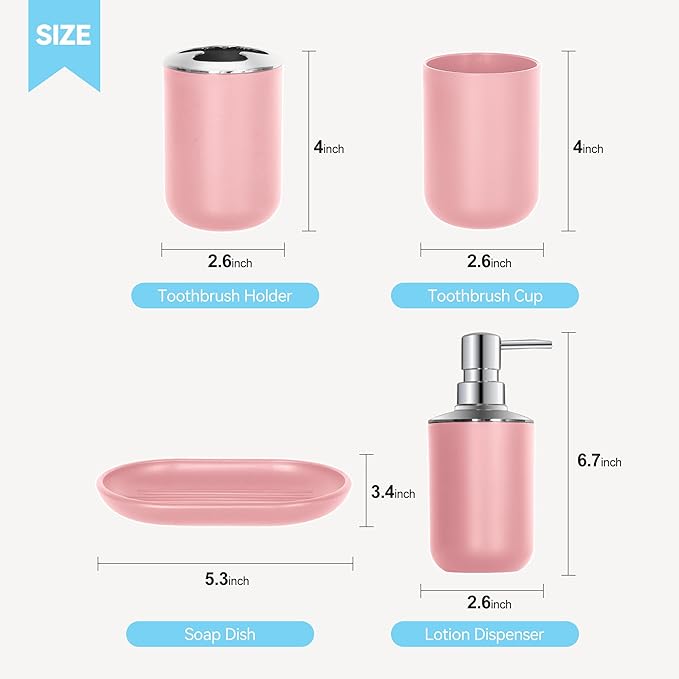Pink Bathroom Accessories Set 4 PCS, Pink Bathroom Accessories, Plastic Soap Dispenser and Toothbrush Holder Set, Soap Dish and Mouthwash Cup, Boho Bathroom Decor, Bathroom Set