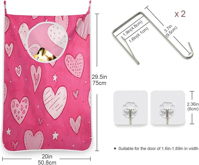 Hot Pink Hearts Stars Hanging Laundry Hamper Door Hampers Bag Basket with Stainless Steel Hooks Oxford Fabric Printing Decorative Clothes Bags 29.5X20inch 2Pack
