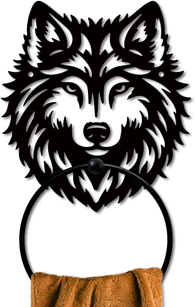MAYJOYDIY Wolf Metal Towel Ring Animal Theme Bath Towel Ring Wolf Wildlife Towel Holder Wall Mounted Black Art Towel Rack for Bathroom Kitchen Towel Hanger Home Decors Gift