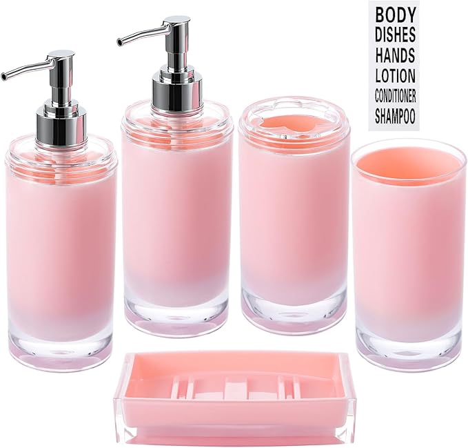 Pink Bathroom Accessories Set 5 Pieces Soap Dispenser and Toothbrush Holder, Tumbler, Soap Dish, Waterproof Labels, Acrylic Sink Countertop Organizer Set, Housewarming Gift with Exquisite Packaging