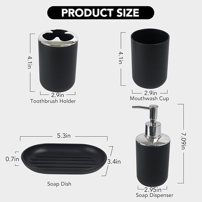 Matte Black Bathroom Accessories Set, 4 Piece Plastic Bathroom Toothbrush Holder Set, Include Soap Dispenser, Toothbrush Holder, Rinse Cup, Soap Dish, Boho Black Bathroom Decor for Home, Bathroom Set