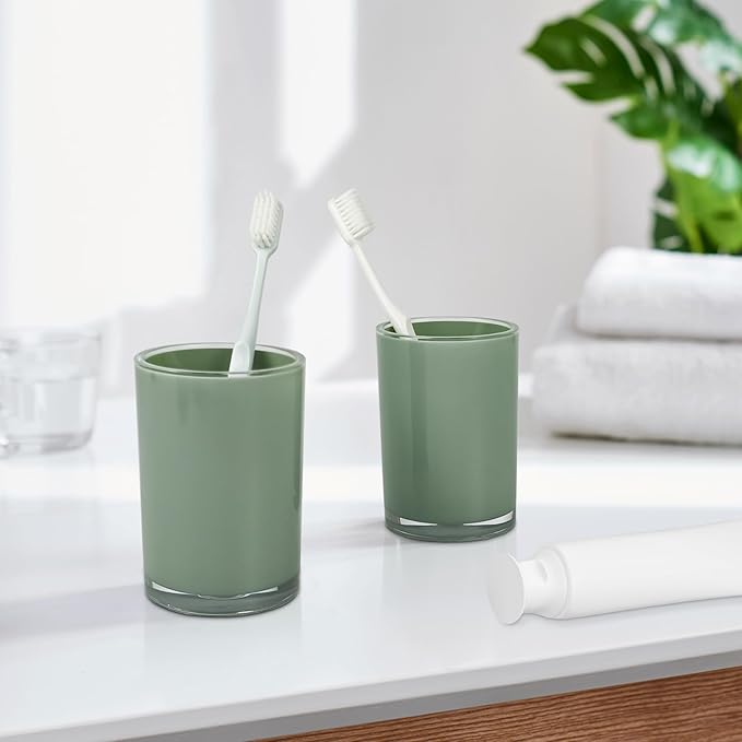 Thickened Bathroom Accessories Set, 4-Piece Bathroom Accessories Set with 2 Toothbrush Cups, Soap Dispenser, Soap Dispenser (Olive Green)