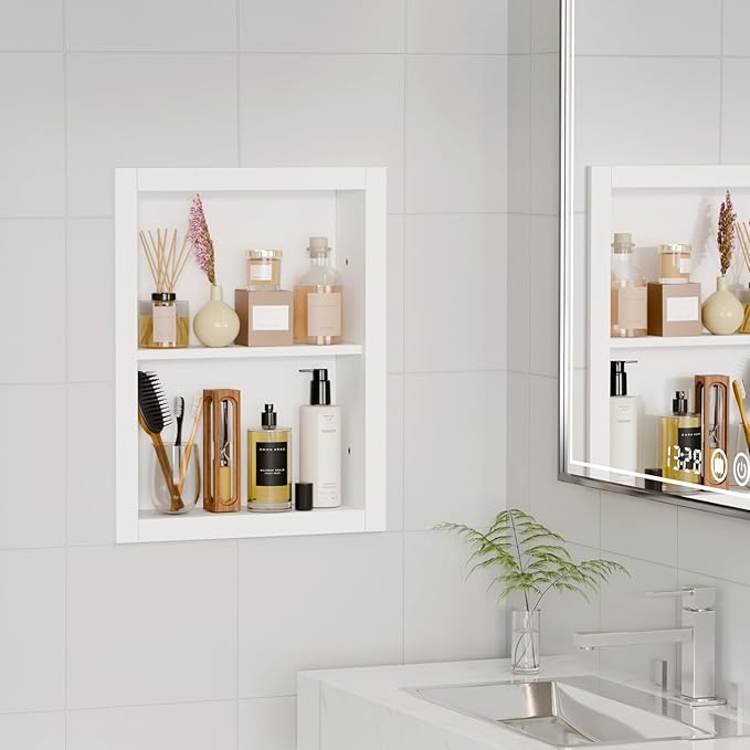 14'' * 18'' Recessed Medicine Cabinet Wall Niche Wood, 2-Tier Bathroom Niche Insert for Drywall, in Wall Shelf Medicine Cabinets Replacement, for Living Room, Bathroom Storage