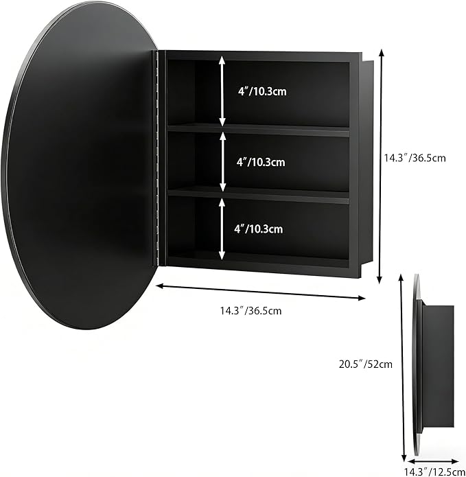 Round Bathroom Medicine Cabinet with Mirror,Wall Mounted Vanity Mirror with Adjustable Shelves Metal Storage Cabinet for Bathroom Bedroom (No Assembly Required) Black 20.5 * 20.5''