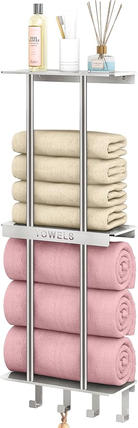 Bathroom Towel Storage, Towel Racks for Bathroom with 3-Tier Shelf & 4 Hooks, Towel Holder for Bathroom Wall for Rolled Bath Towels, Brushed Nickel