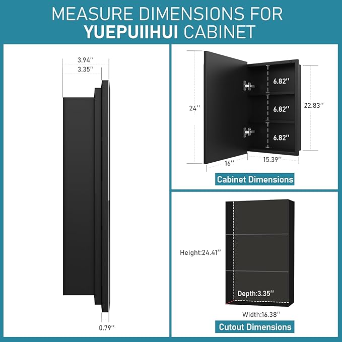 16 x 24 Inch Recessed Medicine Cabinet, Metal Cabinet with Adjustable Shelves, Wall Mounted Black Cabinet for Bathroom