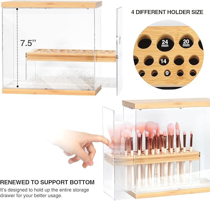 JACKCUBE DESIGN Bamboo Makeup Brush Holder Organizer With Transparent Drawer - 29 Holes Beauty Cosmetic Display Stand (8.77 x 3.38 x 8.46 Inches) - MK228C