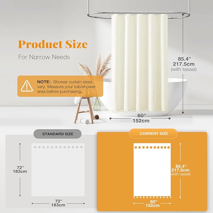 BTTN Stall Shower Curtain - 60x84 Long Boho Tufted Leaves Textured Striped Tassel Fabric Shower Curtain Set with 10 Hooks, Farmhouse Narrow Country Cloth Shower Curtains for Bathroom, Cream/Beige