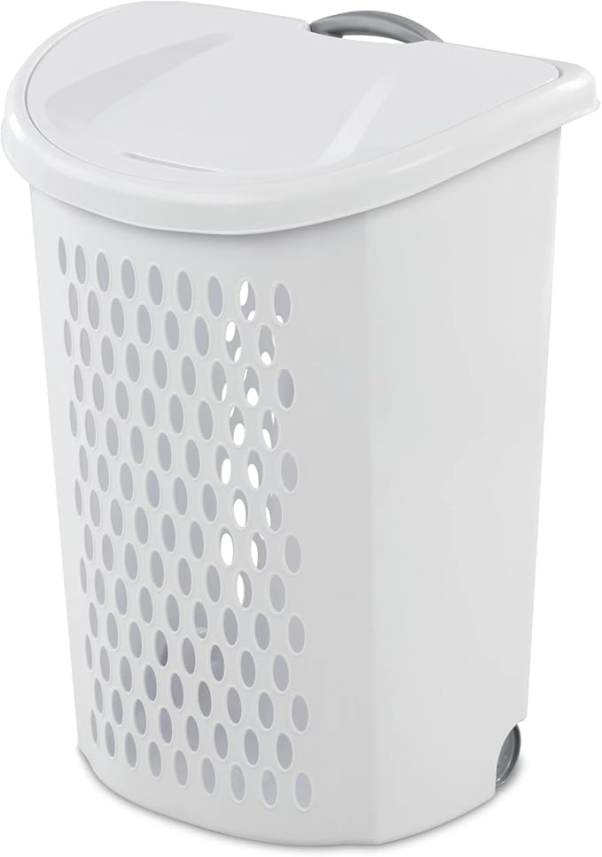 Wheeled Hamper, Plastic Laundry Hamper with Handle for Easy Transport, White