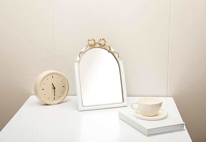 Stylor Vintage Coquette Bow Desk Mirror - Gold Antique Vanity Room Decor, Small Ornate Arched Makeup Mirror, Decorative Victorian Table Top Mirror