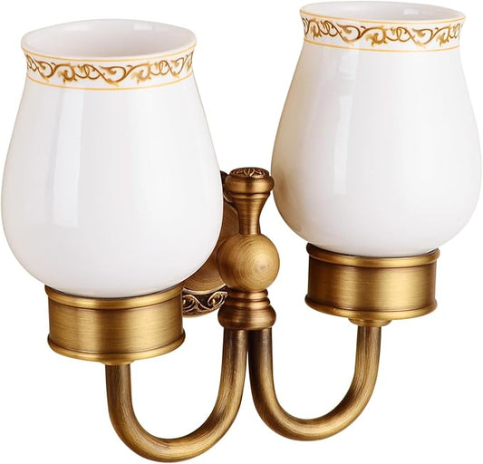 Wall Mounted Bathroom Double Tooth Brushed Cup Holder, Antique Brass Pattern Carving,Brushed Bronze