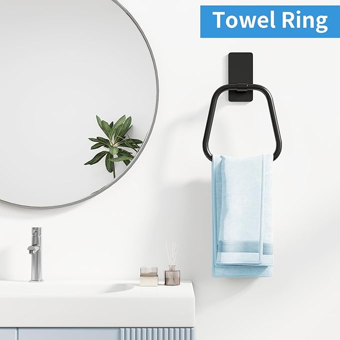 JUYSON Towel Ring, Hand Towel Holder for Bathroom, Adhesive Hand Towel Holder, Adhesive Towel Racks, Wall Mount Towel Hanger for Bathroom, Kitchen, NO Drill Easy to Install, 2 Pack(Matte Black)