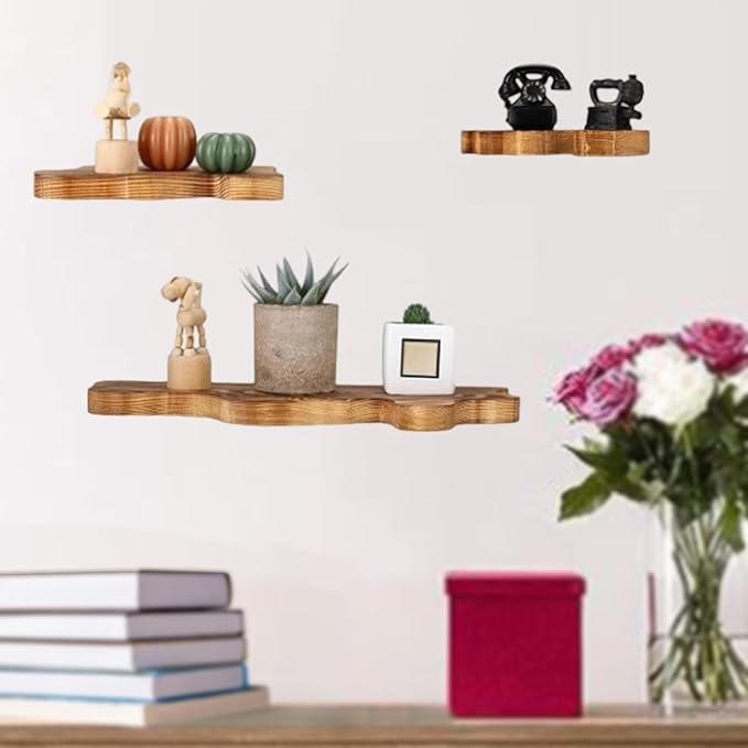 3 Pieces Bathroom Shelves Wall Display Shelves Wood Modern Multipurpose Rustic Cloud Shaped Organizer Stand for Dorm, Dark Brown