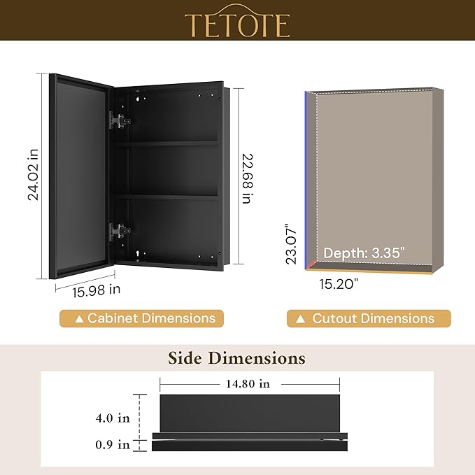 TETOTE 16" x 24" Medicine Cabinet with Beveled Mirror Black Framed Recessed Medicine Cabinet for Bathroom with Stepless Adjustable Shelves Wall-Mounted