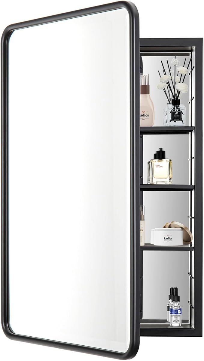 Black Bathroom Medicine Cabinet with Mirror 21 x 34 Metal Frame Recessed Or Wall Mounted Single Door Storage Medicine Cabinets with Adjustable Shelves Rounded Corner Beveled Mirrors