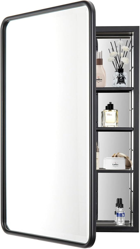 Black Bathroom Medicine Cabinet with Mirror 21 x 34 Metal Frame Recessed Or Wall Mounted Single Door Storage Medicine Cabinets with Adjustable Shelves Rounded Corner Beveled Mirrors