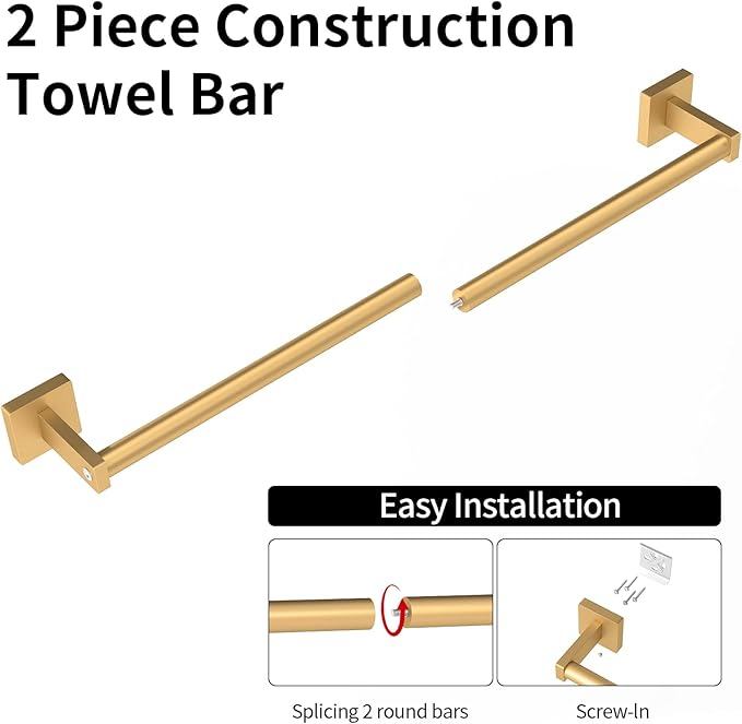 MKO Towel Bar for Bathroom, 24" Towel Racks for Bathroom Hanger Wall Mounted, Hand Towel Holder Rod with Metal for Kitchen Home, Gold 2 Pack