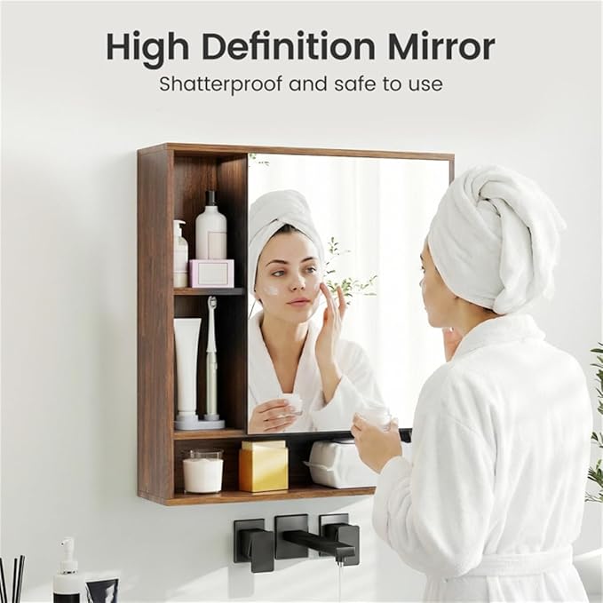 Space Saving Medicine Cabinet, Mirrored Bathroom Wall Cabinet with Hidden Storage Shelves, Walnut Finish Vanity Organizer, Medicine Cabinet with Hidden Storage, Space Saving Organizer for Bathroom