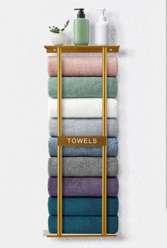 Vertical Towel Rack Wall Mounted - Metal Rolled Towel Holder, 31 Inch Black Space Saving Bathroom Storage Shelf for Shower, Toilet & RV (Golden)