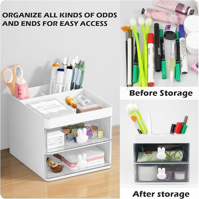 Small Organizer with Drawer Pencil Pen Holder Makeup Case Office Desktop Storage Box Multifunctional Desk Accessories for Office School Home (White)