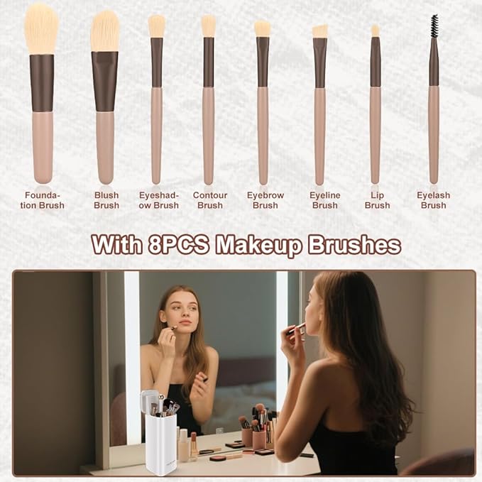 zxbaers Makeup Brush Holder with Lid with 8PCS Makeup Brushes, Dustproof Make Up Organizer, Covered Makeup brush Holder for Vanity Desktop Bathroom Countertop