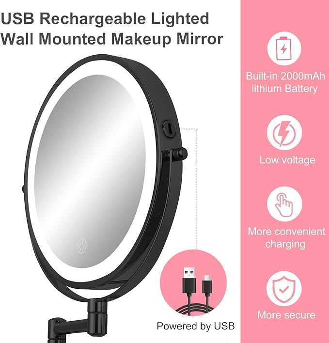 Wall Mounted Lighted Vanity Mirror, 8" Double Sided 1X/10X Magnifying Shaving Mirror with 3 Color Lighting, Rechargeable 2000mAh Battery, Extendable Arm for Makeup, Grooming, Bathroom, Black