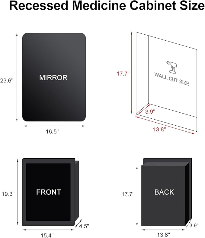 Recessed Medicine Cabinets for Bathroom Medicine Cabinet with Mirror and Lights,Backlight Lighted Medicine Cabinet,Black Medicine Cabinets Wall Mounted,Bathroom Mirror with Storage 16x24