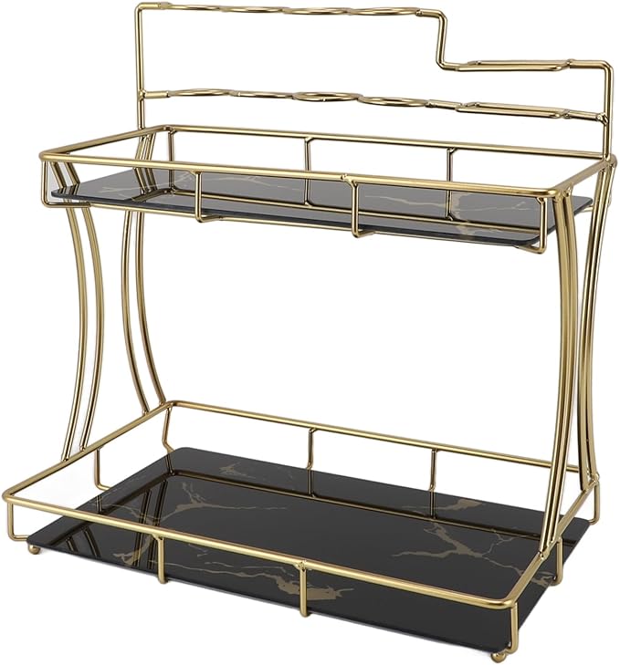 Double Layer Countertop Storage Rack, Bathroom Countertop Organizer with Electric Toothbrush Holder, Iron and Glass Counter Shelf for Toiletries and Cosmetics (Black Background Gold Grain)