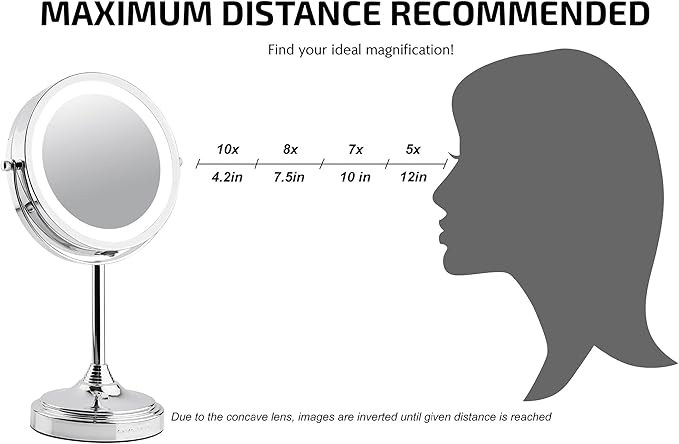 OVENTE 7'' Lighted Tabletop Makeup Mirror, 1X & 7X Magnifier, Spinning Double Sided Round LED, Great for Vanity, Bath, & Bedroom, Battery Powered, Polished Chrome MCT70CH1X7X (Pack of 2)