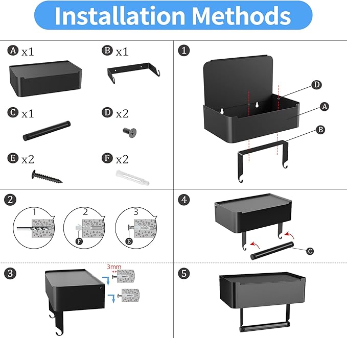 JUYSON Toilet Paper Holder with Shelf, Flushable Wipes Dispenser Fits for Bathroom Wipe Storage, Keep Your Wipes Hidden Out of Sight - SUS304 Stainless Steel Wall Mount Organizer (Matte Black)
