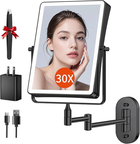 FUNTOUCH 5000mAh Rechargeable Wall Mounted Makeup Mirror with Lights, 8.7" Double Sided 1X/30X Magnifying Mirror with Dimmable 3 Color Light, Extended Swing Arm 360° Wall Mount Bathroom Vanity Mirror