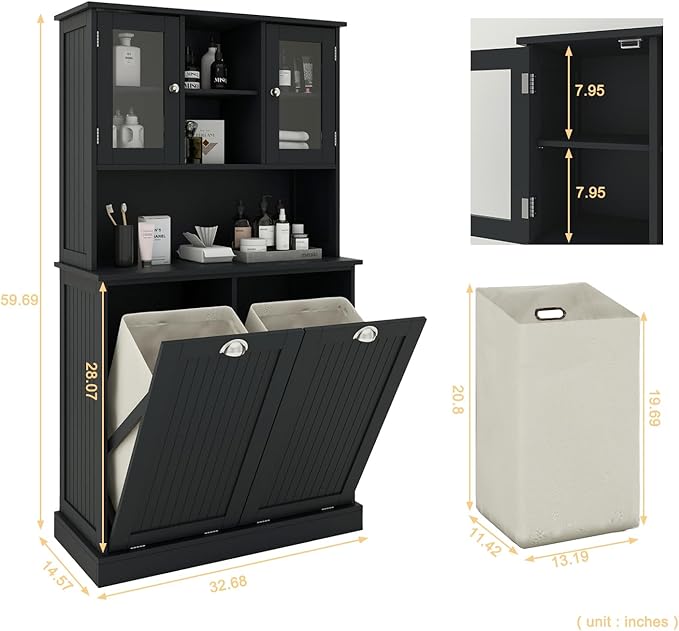 Tall Tilt Out Laundry Hamper Cabinet with 2 Removable Baskets, Laundry Room Cabinets and Storage Furniture with Hidden Laundry Hamper & Glass Doors for Bathroom, Laundry Room, Black