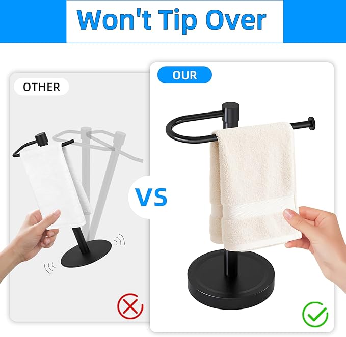 Heavy Duty Towel Holder Stand, Stainless Steel Hand Towel Holder Rack for Bathroom Countertop, Weighted Base C-Shape Free Standing Towel Bar for Bathroom Kitchen Countertop, Matte Black