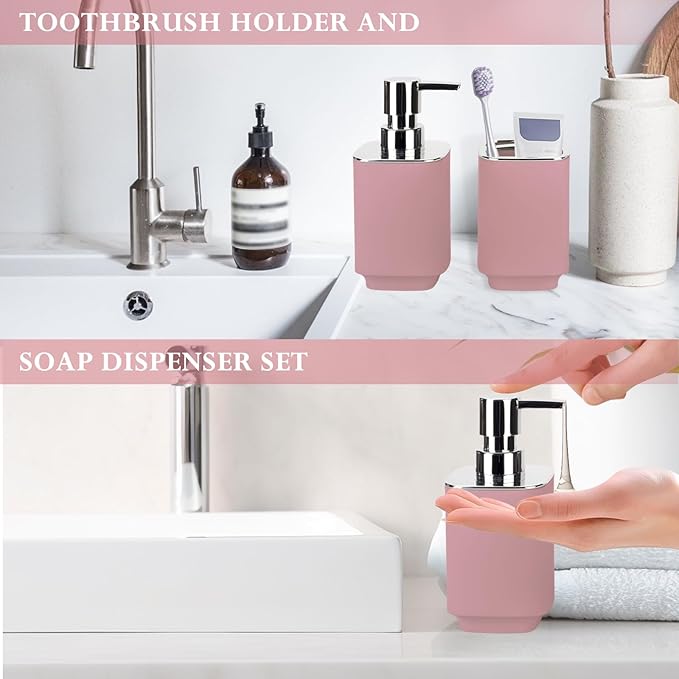 Pink Bathroom Accessories 2 Pieces, Soap Dispenser and Toothbrush Holder Set for Boho Bathroom