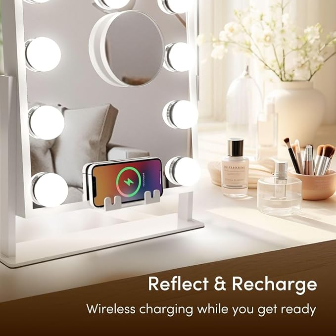 Fancii Vanity Mirror with Lights, BT Speaker, Wireless Charging - Detachable 10X Magnifying Mirror, 9 Hollywood Bulbs, LED Lighted Makeup Mirror with Phone Stand, 3 Color Modes, Adjustable Tilt