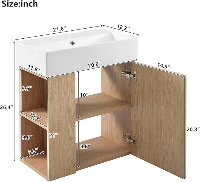 Virubi 21.6 in Floating Bathroom Vanity with Sink,Soft Closing Doors,Solid Wood Frame & MDF Modern Single Small Natural Wood Bathroom Vanity Cabinet with Open Shelf,Wall Mounted