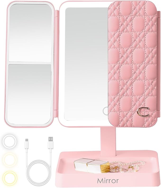 StellarHorizon Makeup Mirror Vanity Mirror with Lights, 83 LEDs, 360-Degree Uniform Fill Light, 3-Color Lighting, Touch Control, Trifold Makeup Mirror,Portable Led Travel Mirror，Women Gift