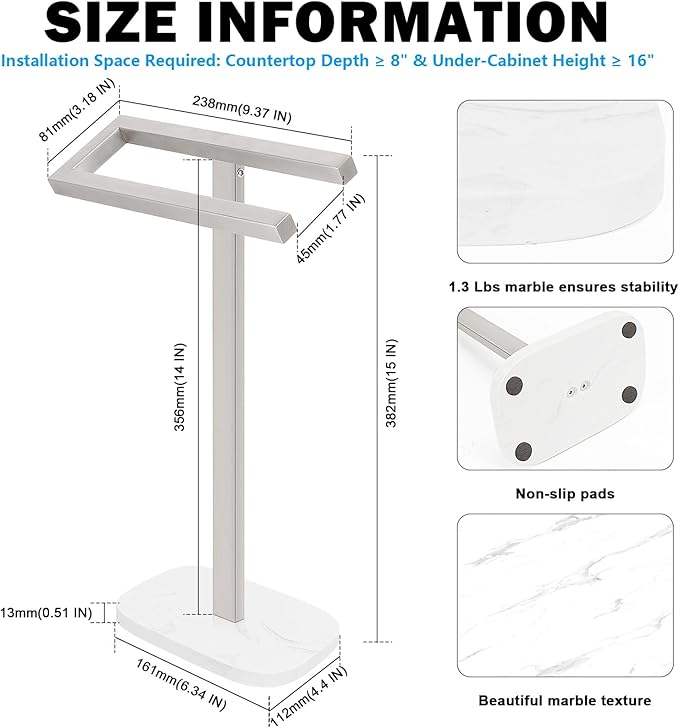Livabber Standing Hand Towel Holder, 304 Stainless Steel Hand Towel Rack Stand with Heavy Marble Base, Bath Accessories, Towel Ring for Bathroom Kitchen Countertop, 14 Inch (Brushed Nickel)
