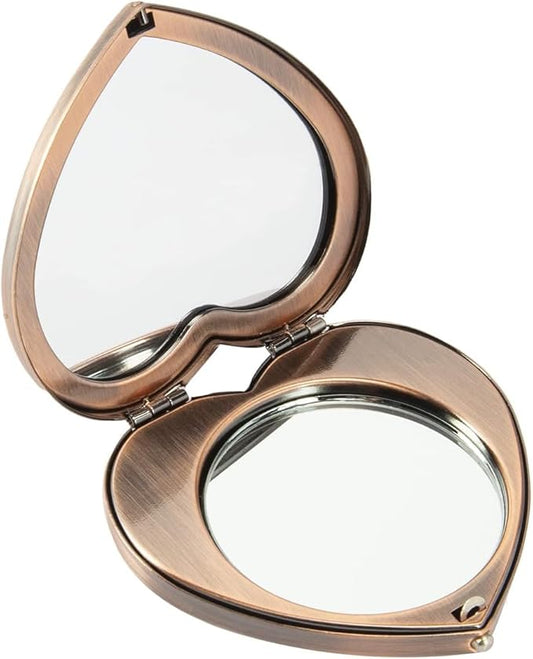 Mini Vintage Heart Elegant Makeup Mirror, Portable 1X/2X Magnifier (Retro Red)