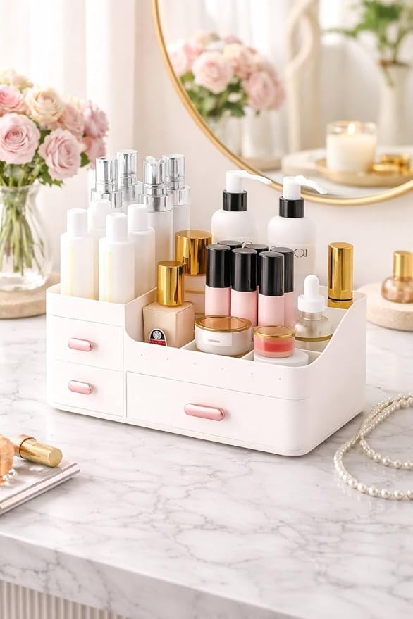 Makeup Organizer Countertop for Vanity with Drawers – Large White Makeup & Skin Care Organizer for Cosmetics & Accessories