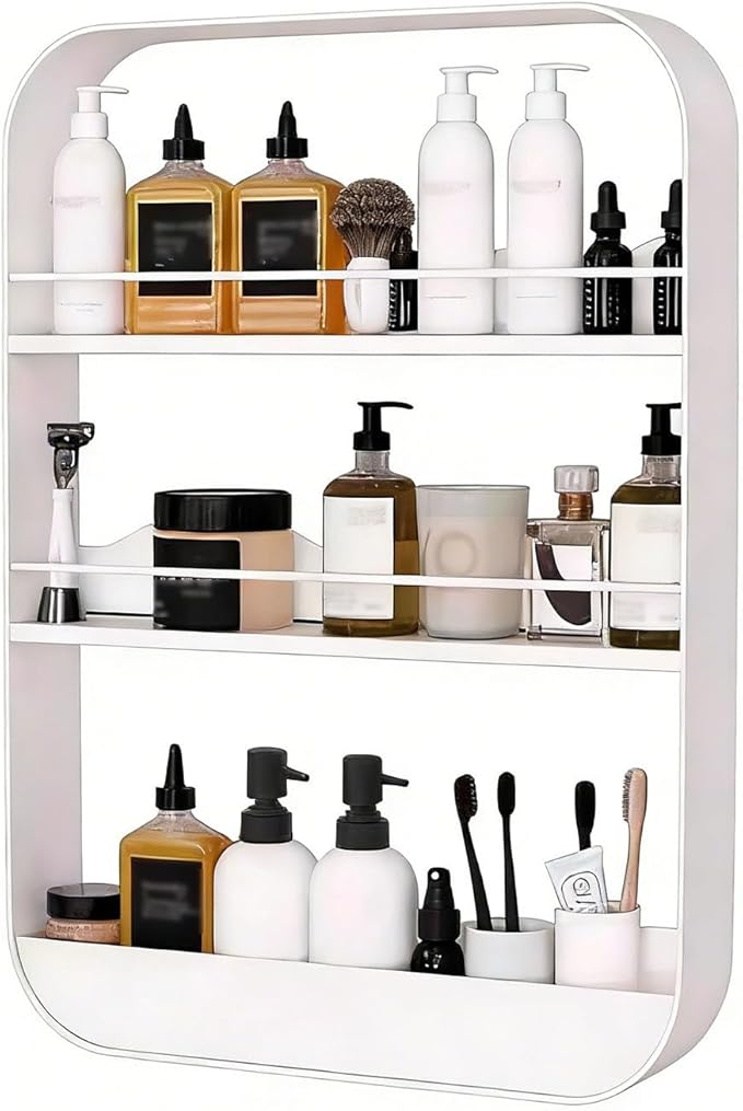 Wall Mount Organizer Floating Bathroom Shelves No Drill Adhesive Makeup Storage Rack Hang Decorative Over The Toilet Shelf(White,40x60cm)