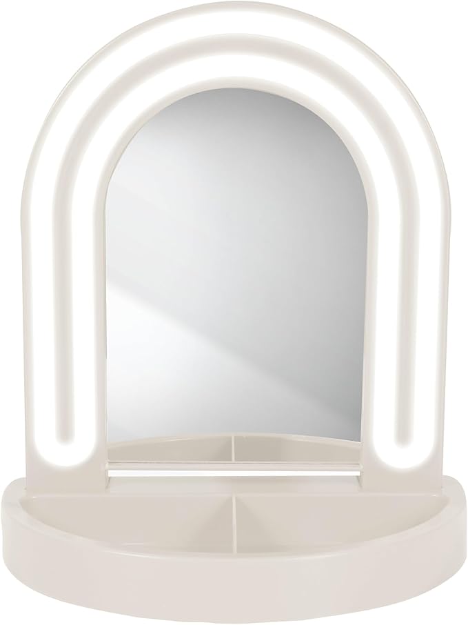 Glass Mirror with White LED, Wall Mirror for Bedroom, Living Room, or Hallway, USB Powered Lighted Mirror with Detachable Base, Body Mirrors for Bedroom & Home Décor, Ivory