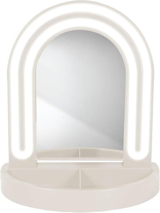 Glass Mirror with White LED, Wall Mirror for Bedroom, Living Room, or Hallway, USB Powered Lighted Mirror with Detachable Base, Body Mirrors for Bedroom & Home Décor, Ivory