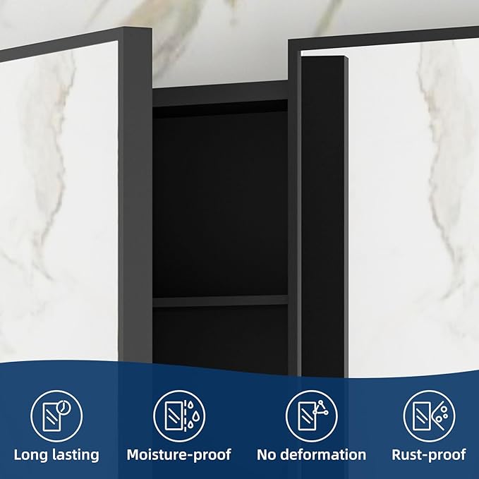 Bathroom Medicine Cabinet with Mirror 24 x 30 Inch, Black Medicine Cabinet Recessed or Surface Wall-Mounted, Mirrored Cabinets with Sturdy Metal Adjustable Shelves for Bathroom Vanity