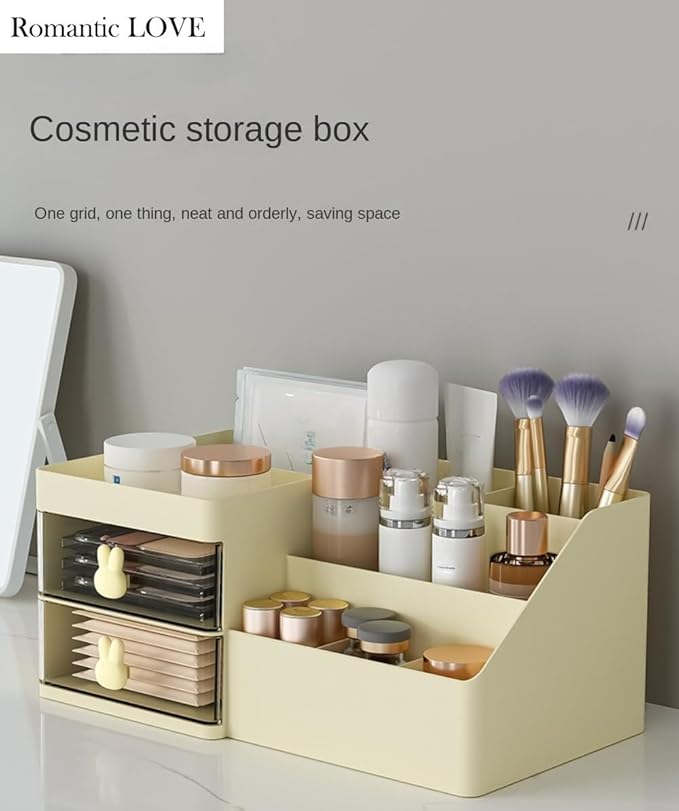 Romantic LOVE Makeup Organizer with Drawers Large Capacity Countertop Organizer for Vanity Bathroom and Bedroom Desk Cosmetics Organizer (Yellow)