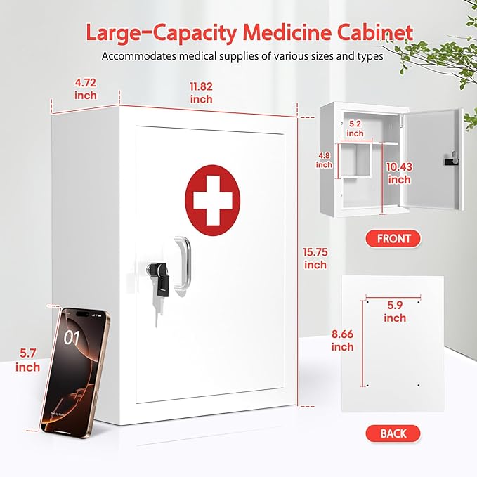 Locking Medicine Cabinet Wall-Mount: Storage Cabinet with Lock & Key - White Metal First Aid Kits for Childproofing and Family Safety