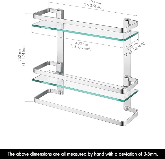 KES Bathroom Tempered Glass Shelf 2 Tier Storage Glass Shelf Rectangular with Bar Wall Mounted Sand Sprayed Anodized Aluminum Finish, A4127B