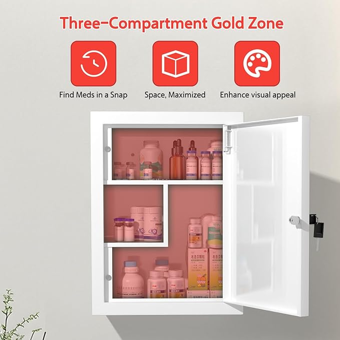 Locking Medicine Cabinet Wall-Mount: Storage Cabinet with Lock & Key - White Metal First Aid Kits for Childproofing and Family Safety