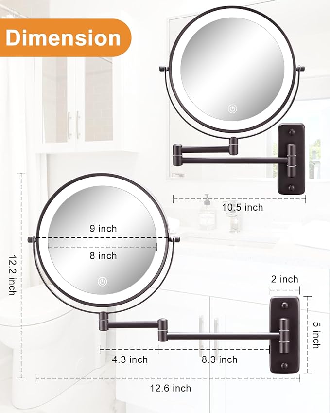 DECLUTTR 9 Inch Wall Mounted Lighted Makeup Mirror, Double-Sided Magnifying Mirror 1x/10x, 3 Colors Lighted Makeup Mirror, Touch Dimmable 360° Rotation Foldable Light Up Mirror, Bronze